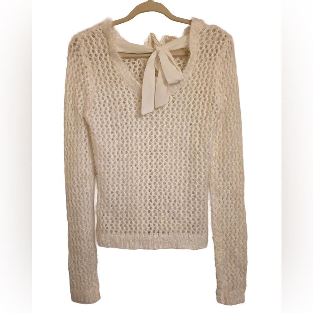 dELiA’s Vintage Y2K Crochet White Sweater with Satin-Tie Ribbon - Medium